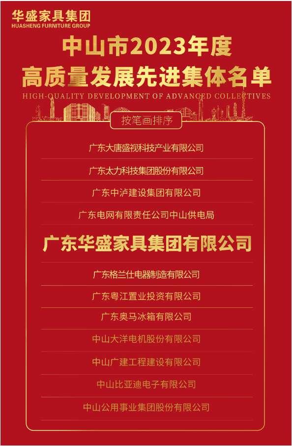 华盛家具集团荣获“中山市2023年度高质量发展先进集体”奖项